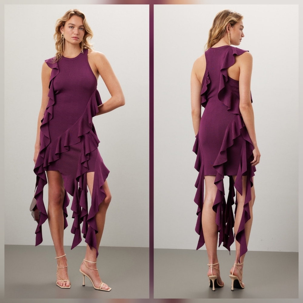 Jonathan Simkhai Plum Ruffled Asymmetric Midi Dress. Bought but never wore!